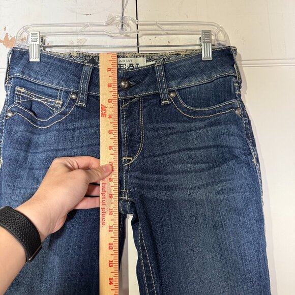 Ariat REAL Bootcut Riding Jeans Whipstitch Dark Blue Low Rise Fray Hem Size 28 - Picture 5 of 14